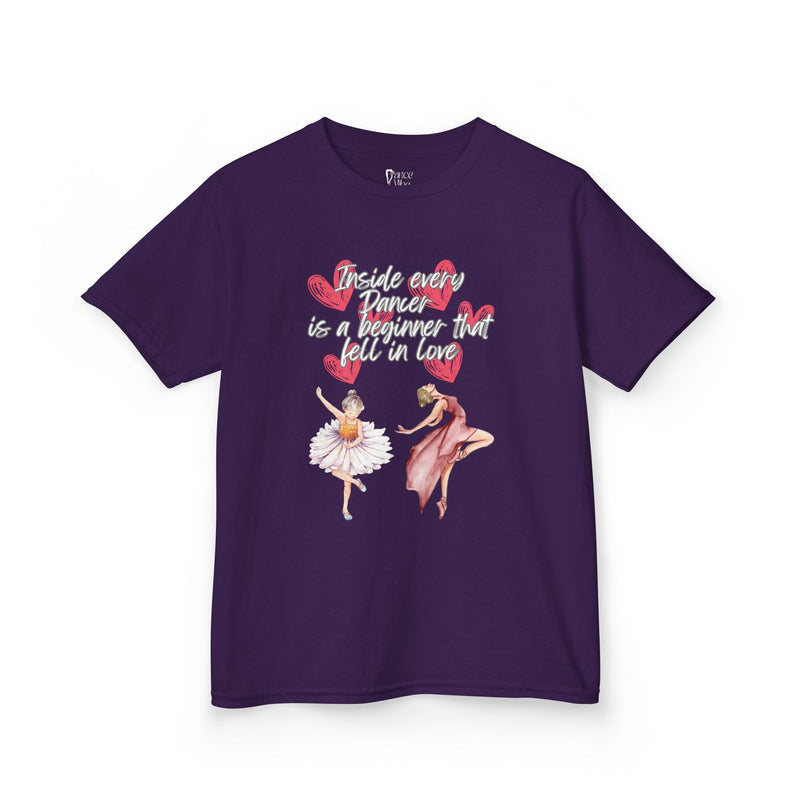 Front view of a purple Gildan 5000B t-shirt with an Inside Every Dancer is a Beginner that Fell in Love text and graphic