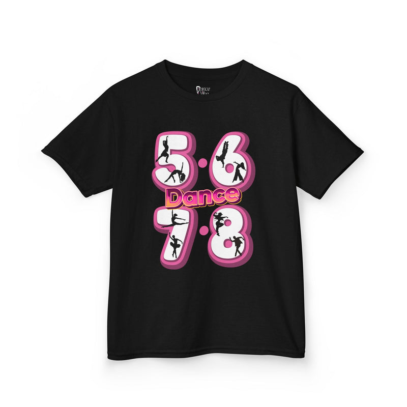 Front view of a black Bella + Canvas 3001 t-shirt with a 5678 Dance theme and graphics