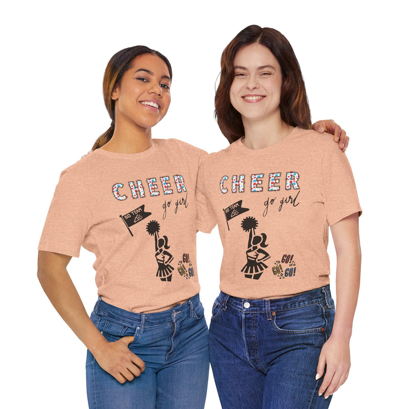 Two girls wearing a Cheer Go Team t-shirt