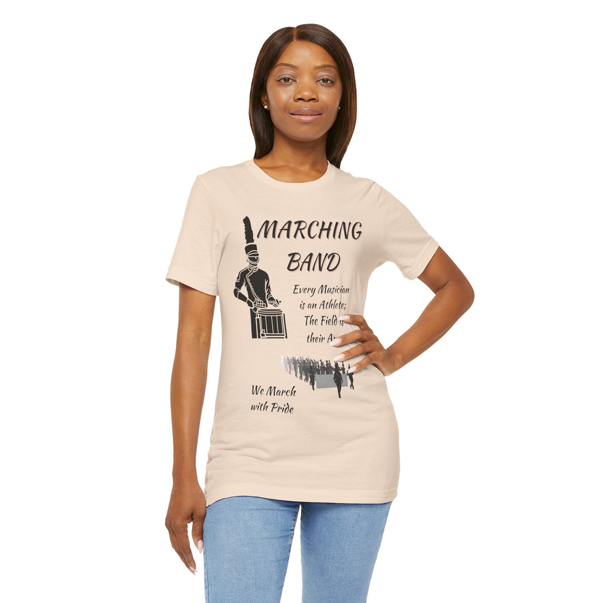 Woman wearing a Marching Band We March with Pride t-shirt