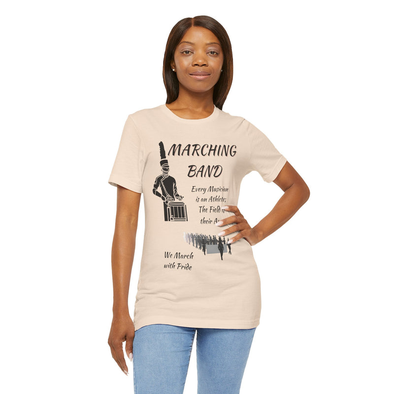 Woman wearing a Marching Band We March with Pride t-shirt