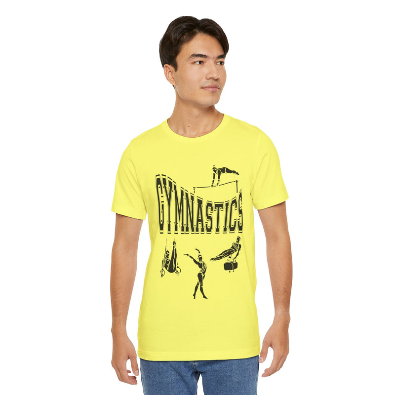 Man wearing a yellow Gymnastics themed t-shirt
