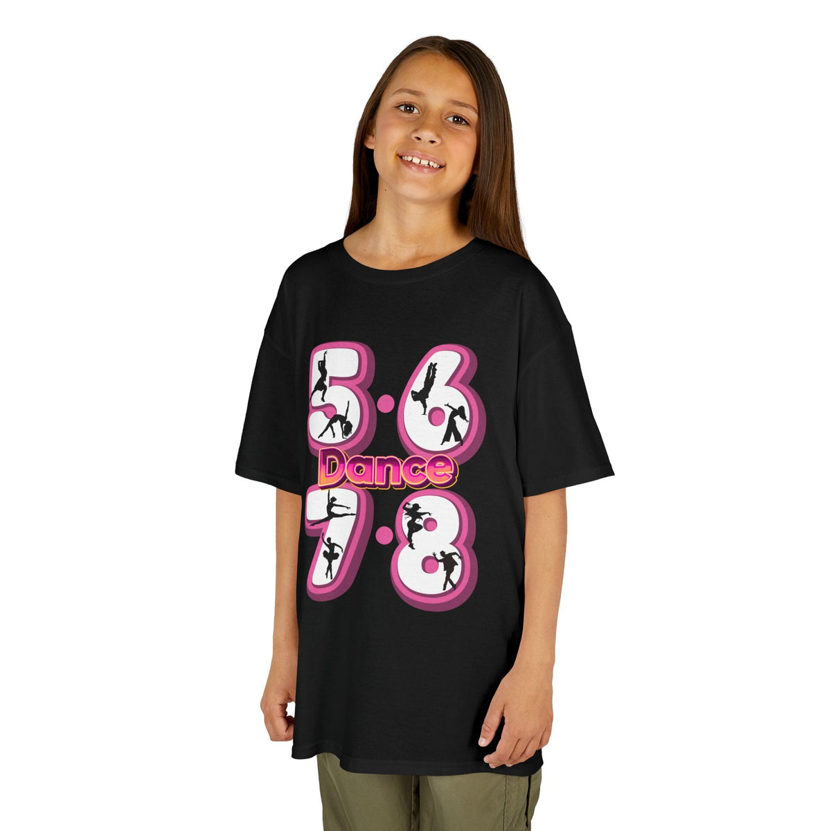 Young girl wearing a Gildan 5000B heavy cotton t-shirt in black with a 5678 Dance text and graphic
