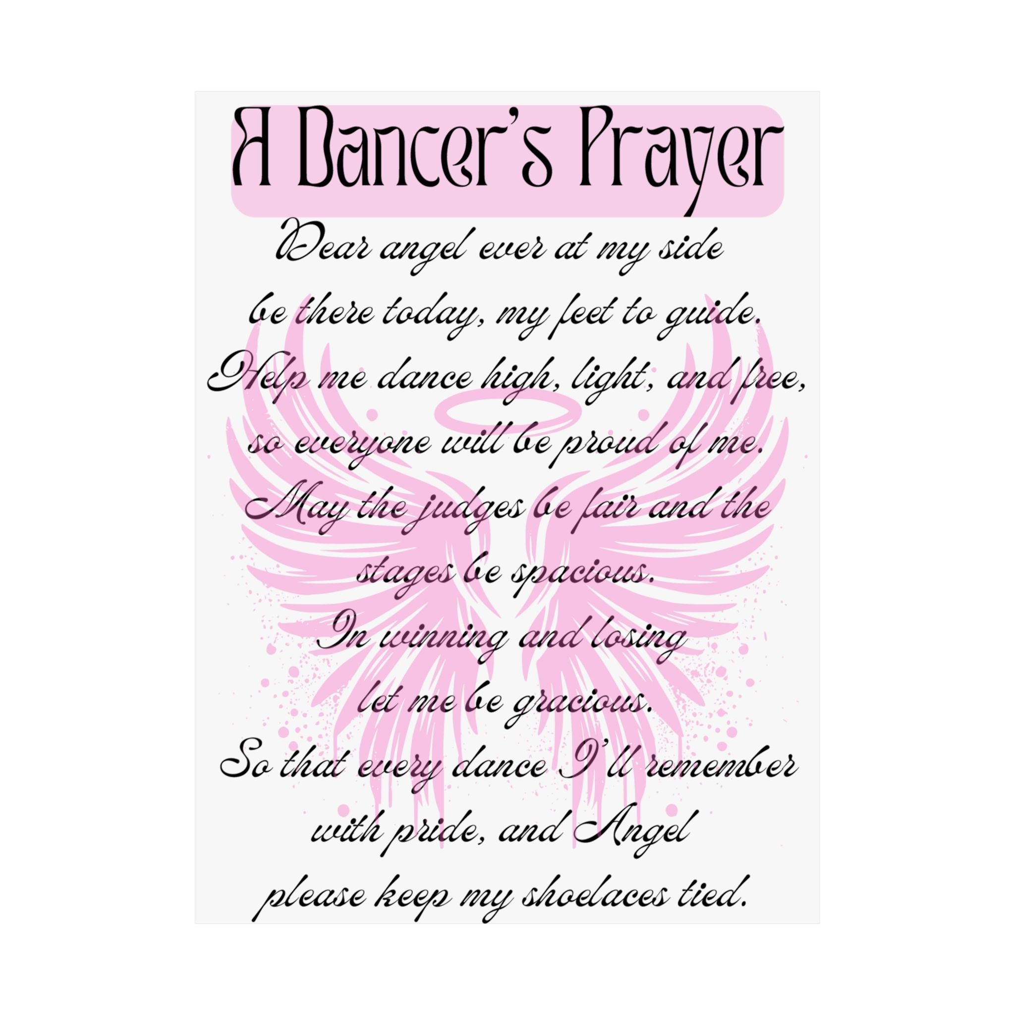 Front view of A Dancer's Prayer poster with beautiful script and an angel wing graphic
