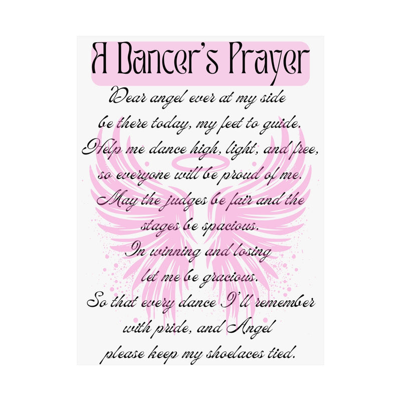 Front view of A Dancer's Prayer poster with beautiful script and an angel wing graphic