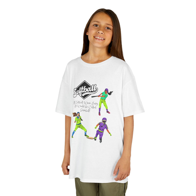 Young girl wearing a youth Gildan 5000B heavy cotton t-shirt in white with a Softball text and graphic