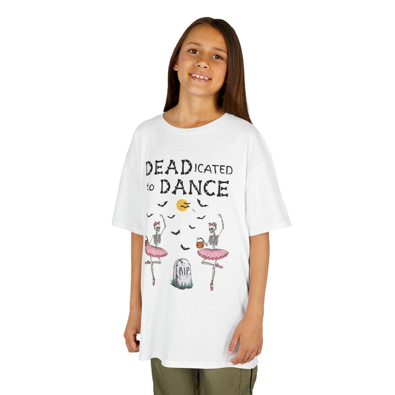 Young girl wearing a youth Gildan 5000B heavy cotton t-shirt in white with a Deadicated to Dance Halloween theme