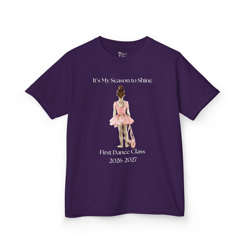 Front view of a youth Gildan 5000B heavy cotton t-shirt in purple with a First Dance Class theme