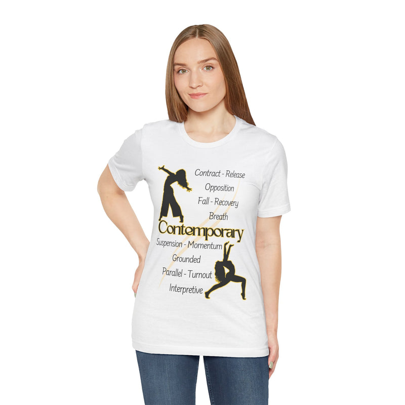 Woman wearing a white Contemporary Dance t-shirt
