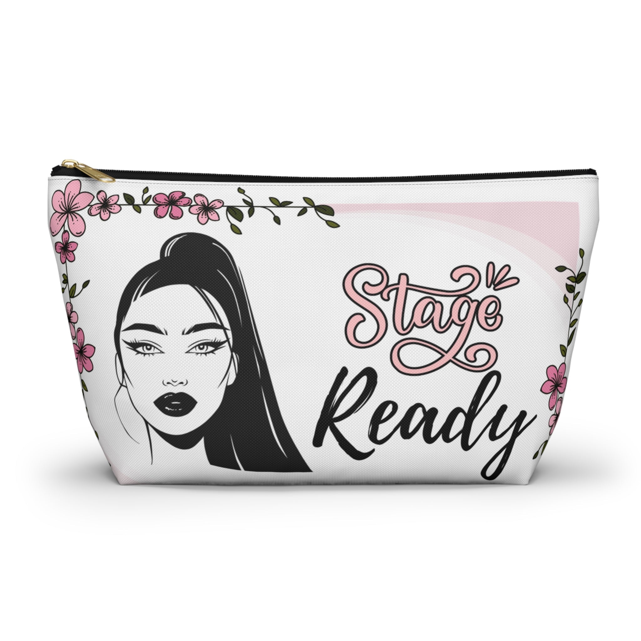Makeup bag with a face design and 'Stage Ready' text on a white background with a black zipper