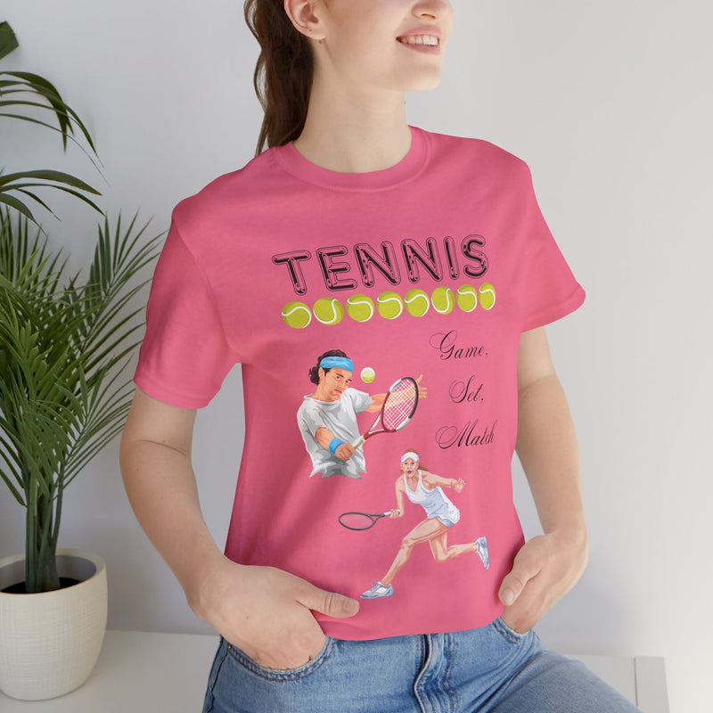 Girl wearing a pink Tennis Game Set Match t-shirt