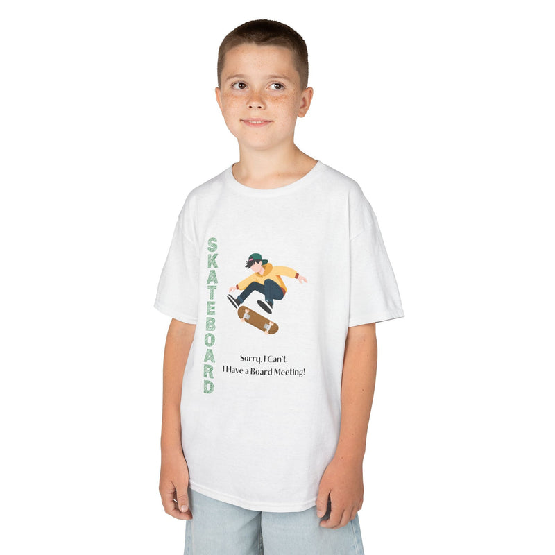 Young boy wearing a youth Gildan 5000B heavy cotton t-shirt in white featuring a boy Skateboarding