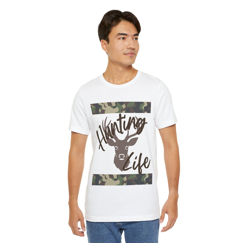 Man wearing a white Hunting Life t-shirt