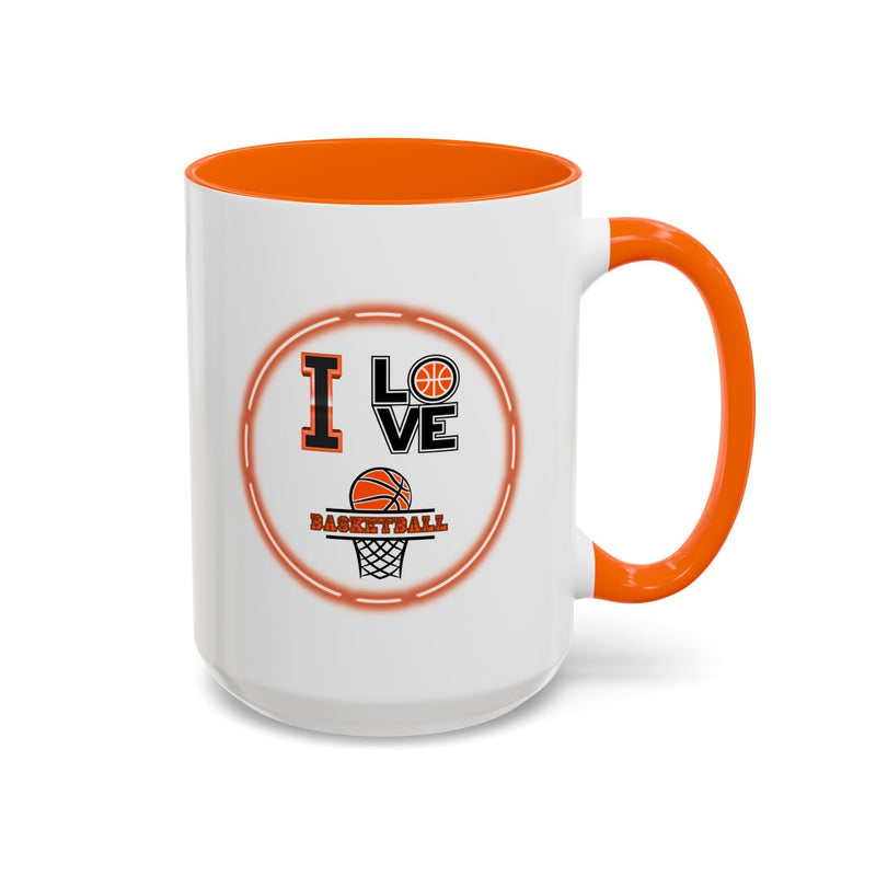 15oz white ceramic I Love Basketball mug with orange handle and interior Right handed view