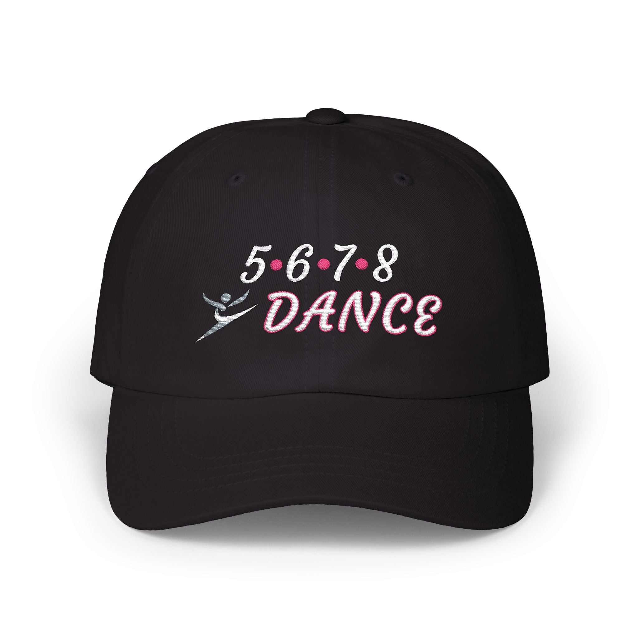 Front view of a black Dad's Cap featuring a 5678 Dance text and graphic