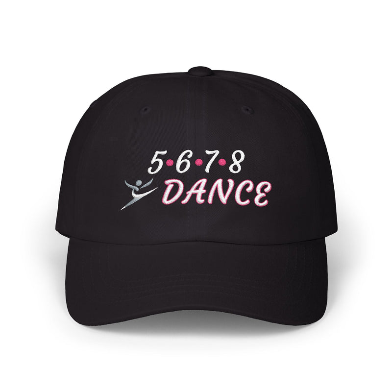 Front view of a black Dad's Cap featuring a 5678 Dance text and graphic