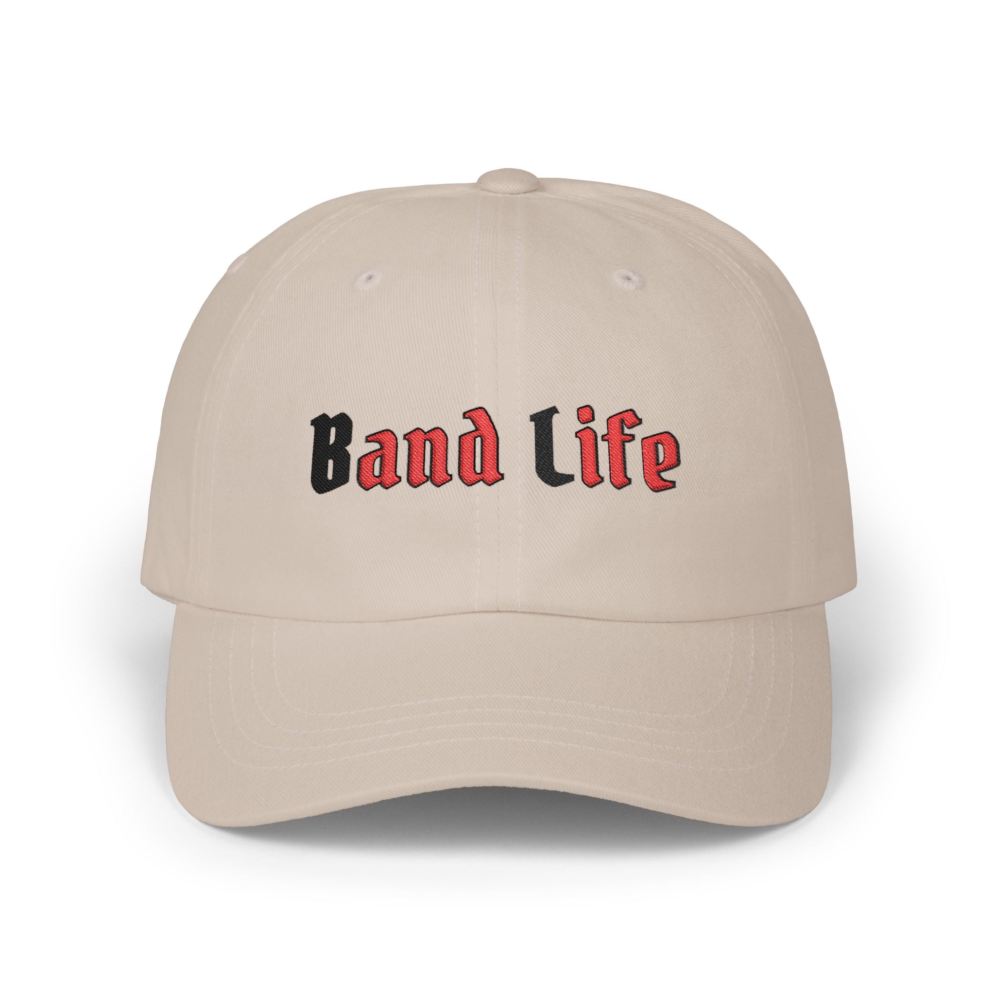 Stone embroidered classic dad cap hat with Band Life text Front view