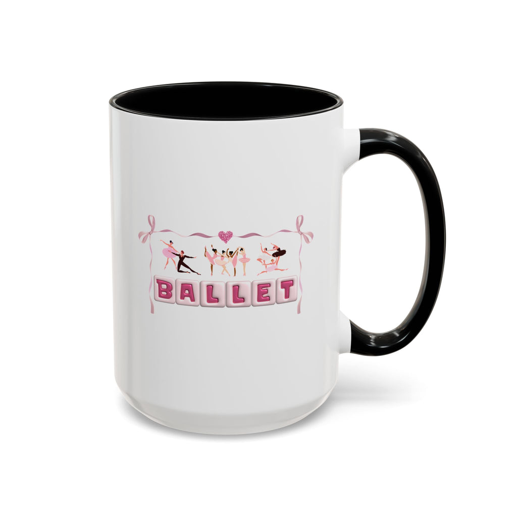 15oz white ceramic Ballet mug with black handle and interior Right handed view