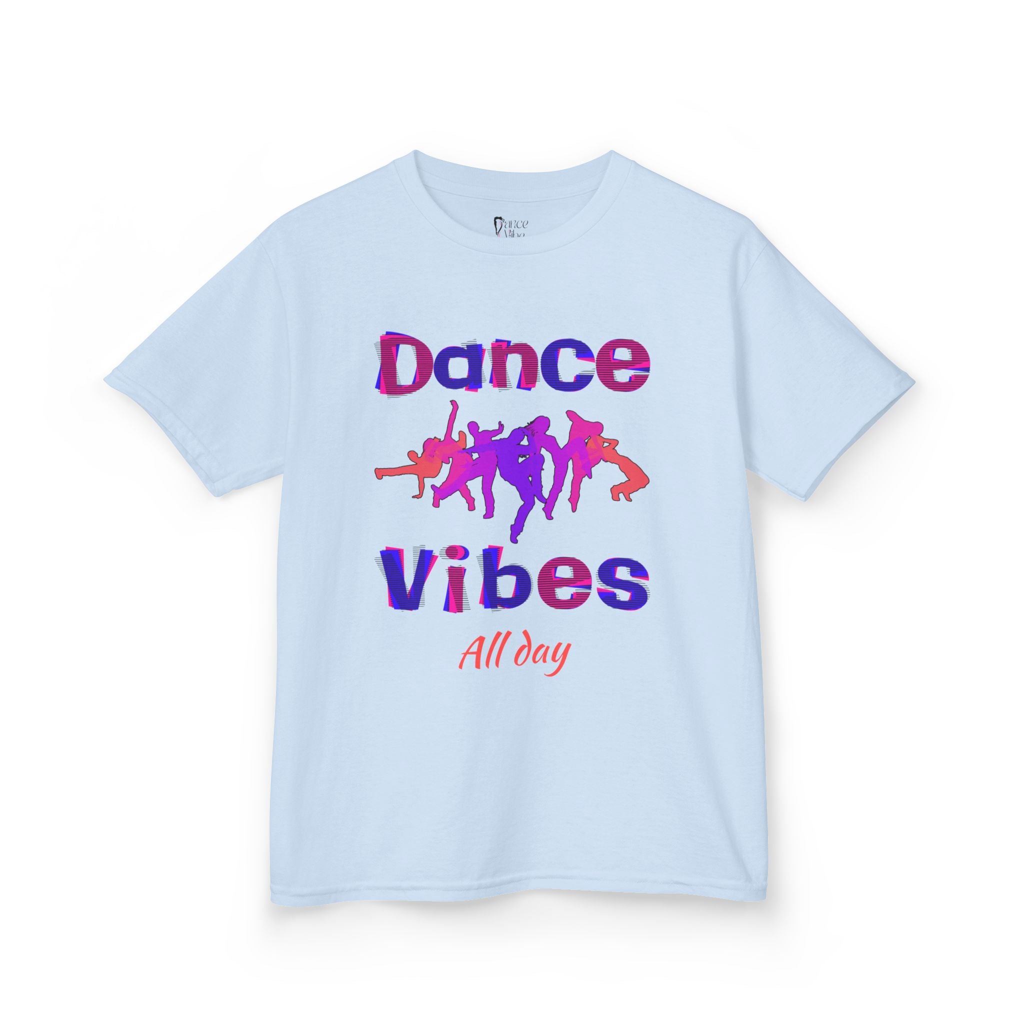 Front view of a youth Gildan 5000B heavy cotton t-shirt in light blue with a Dance Vibes All Day text and graphic