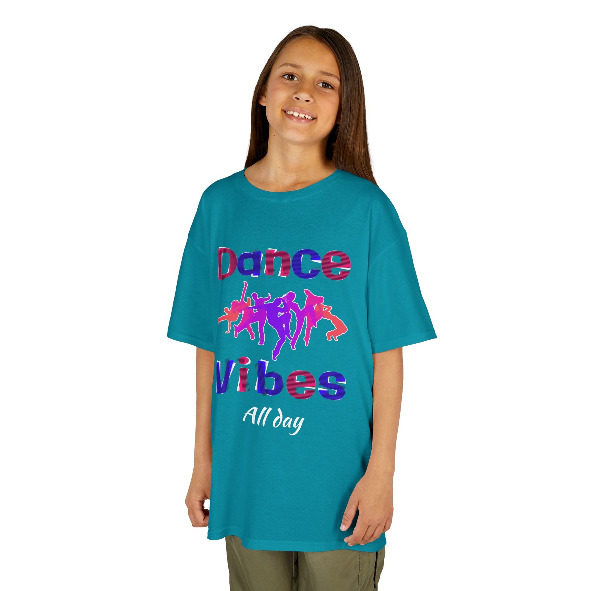 Young girl wearing a youth Gildan 5000B heavy cotton t-shirt in tropical blue with a Dance Vibes All Day text and graphic