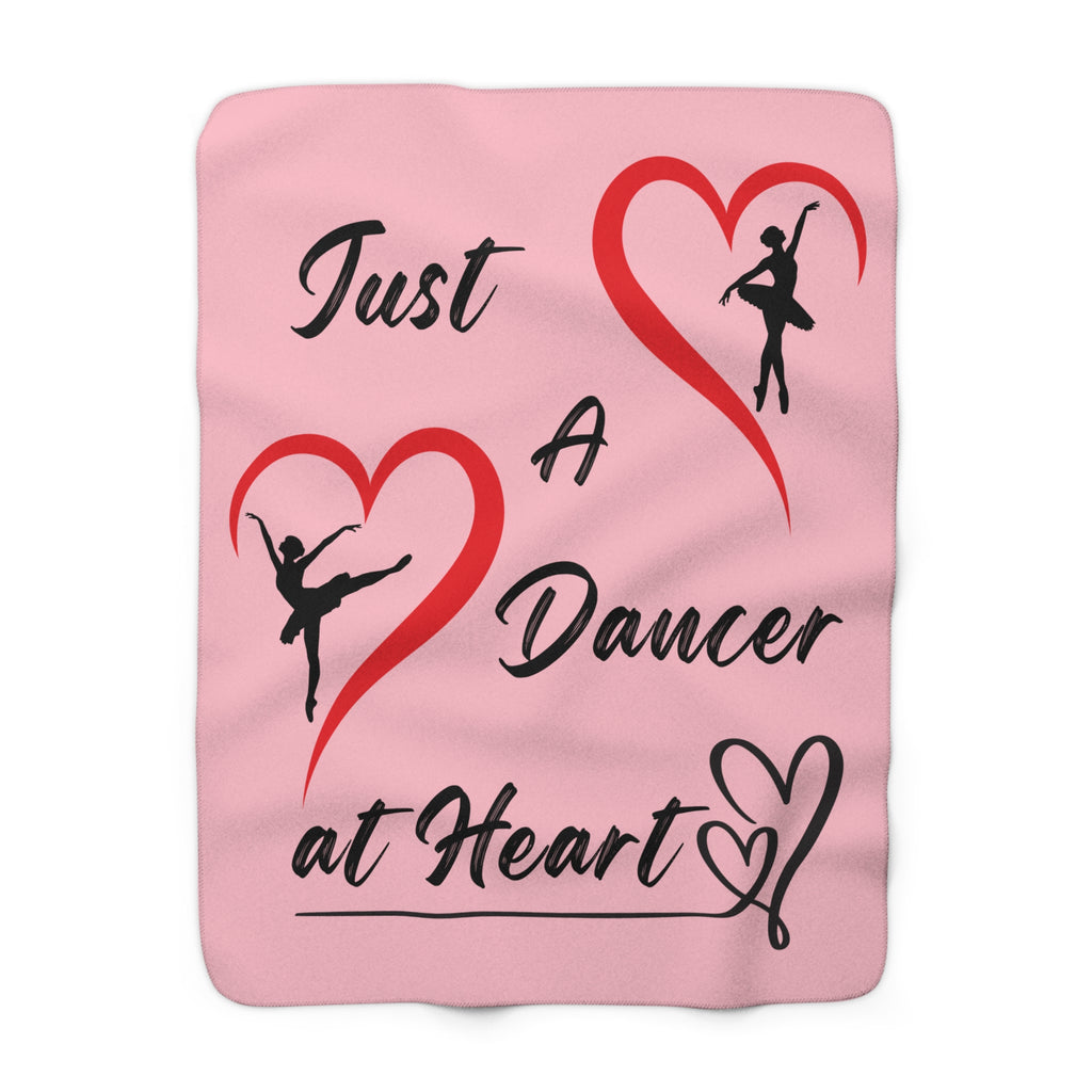 Pink sherpa fleece throw blanket featuring Just a Dancer at Heart text with heart and ballerina graphics Size 50x60
