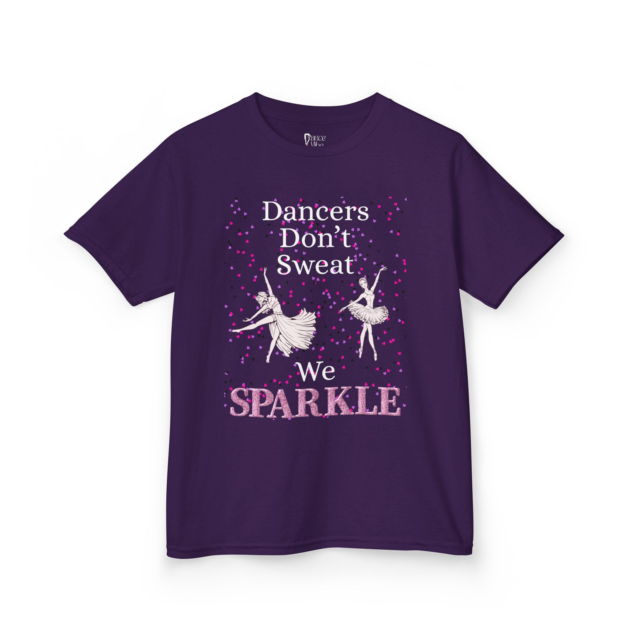 Front view of a youth Gildan 5000B heavy cotton t-shirt in purple with a Dancer's Don't Sweat We Sparkle text and graphic