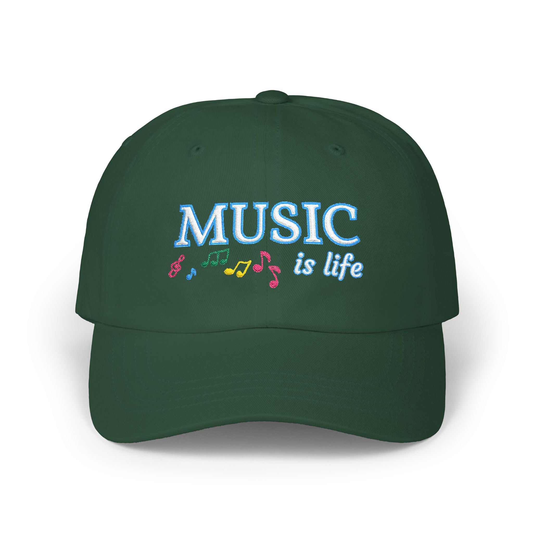 Spruce cap with an embroidered MUSIC IS LIFE text and musical notes graphic.