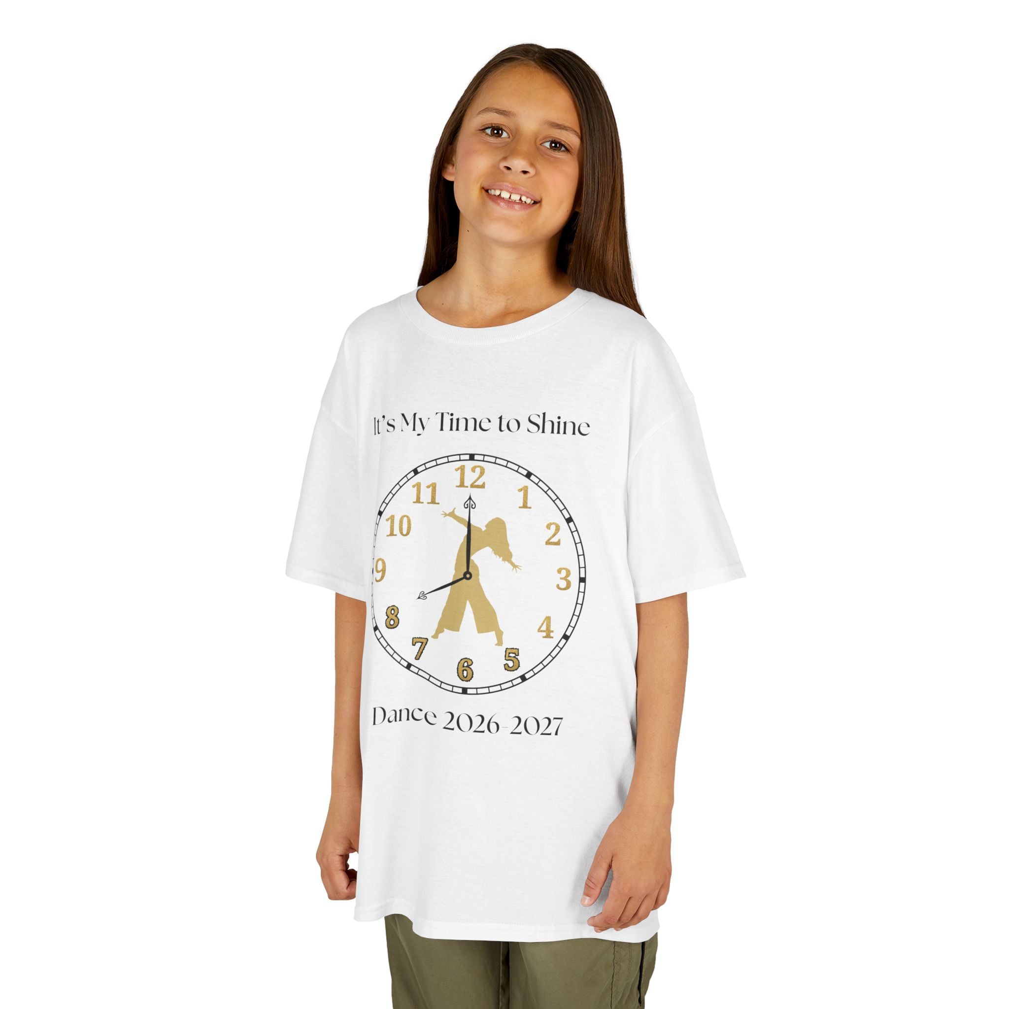 Young girl wearing a youth Gildan 5000B heavy cotton t-shirt in white with an It's My Time to Shine Contemporary Dance 2026-2027 theme