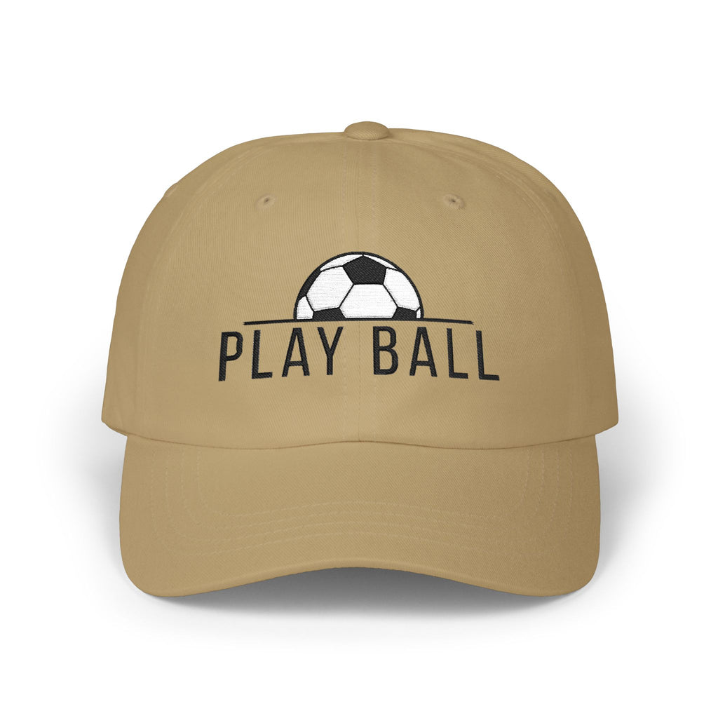 Khaki cap with an embroidered soccer ball and Play Ball text on the front.