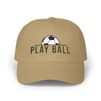Khaki cap with an embroidered soccer ball and Play Ball text on the front.