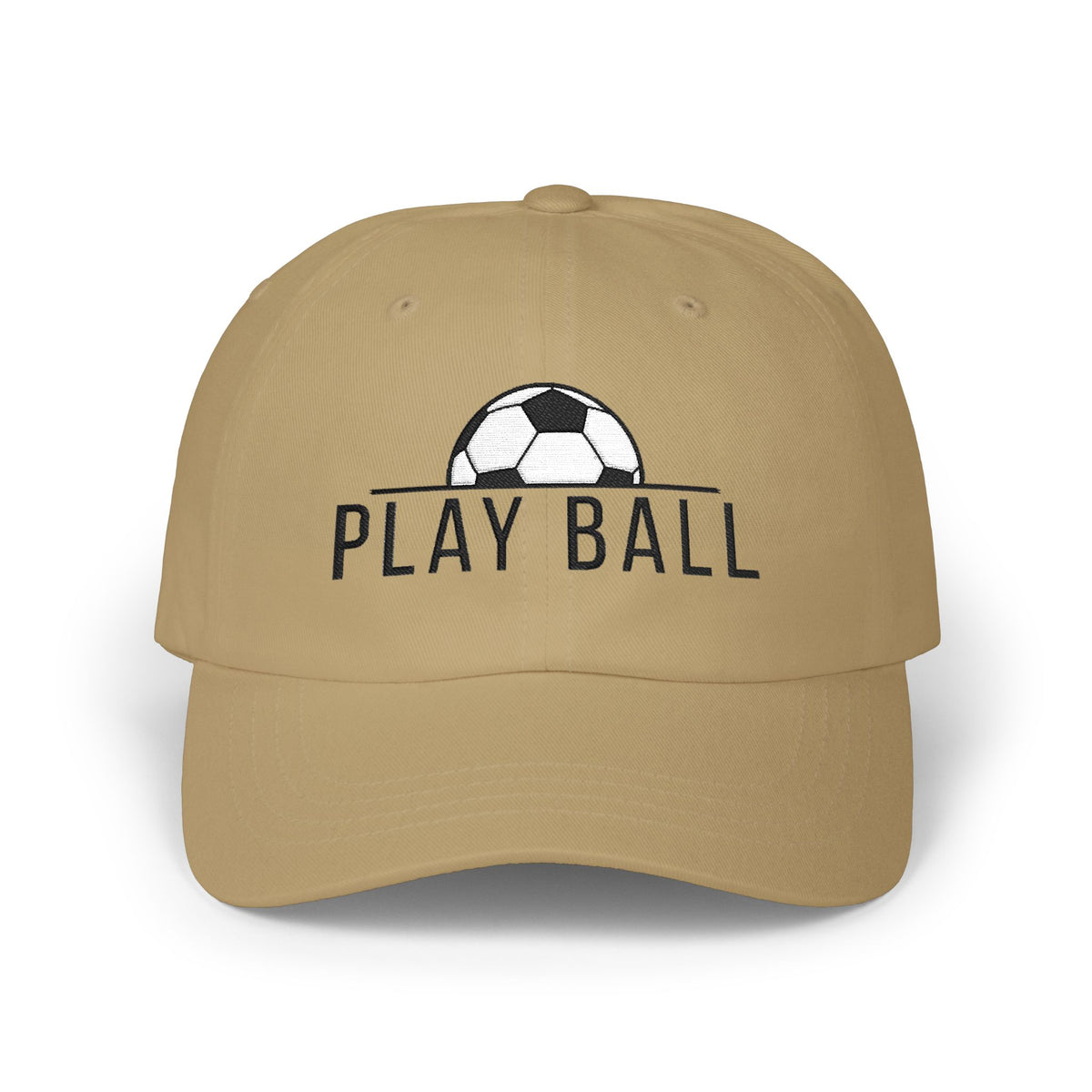 Khaki cap with an embroidered soccer ball and Play Ball text on the front.