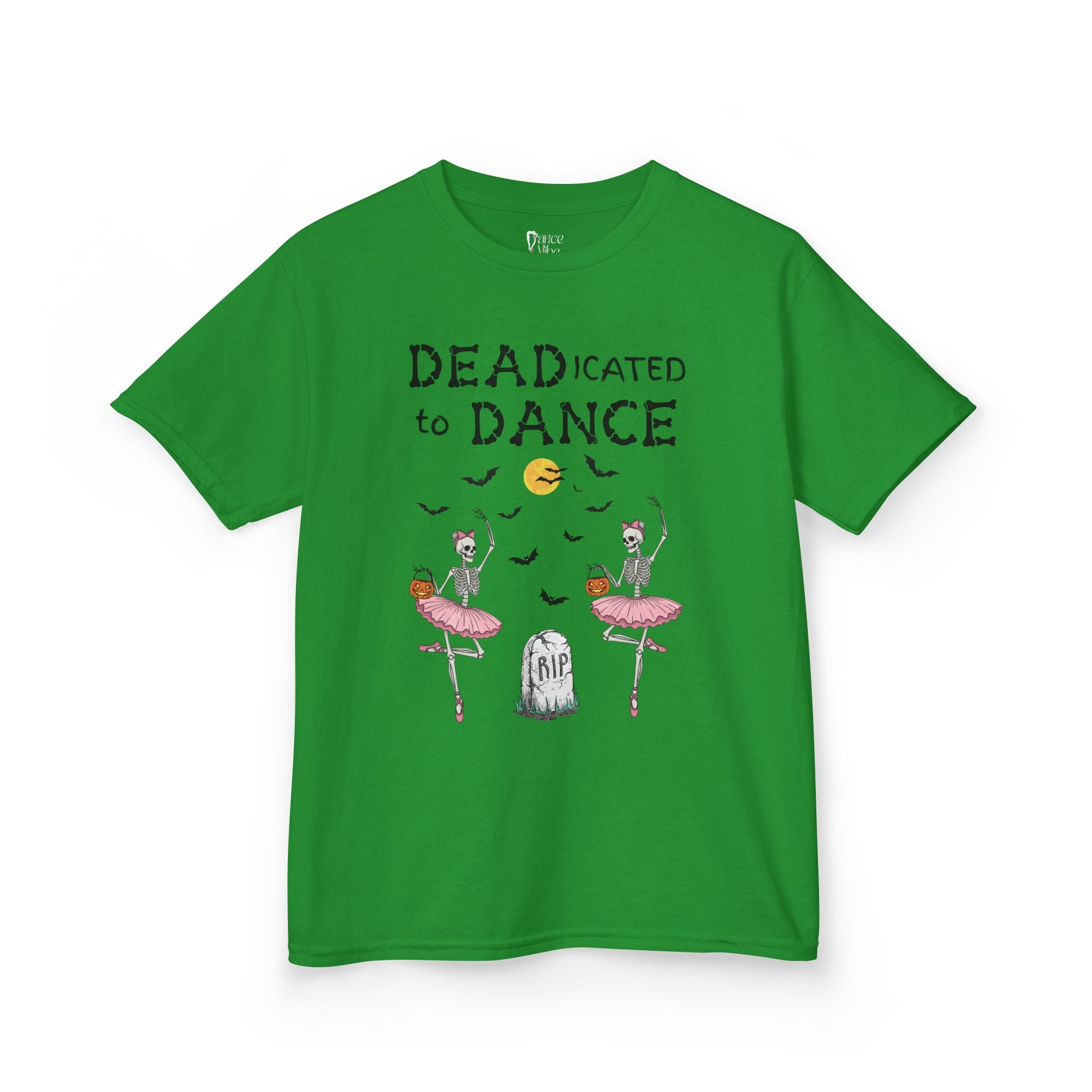 Front view of a youth Gildan 5000B heavy cotton t-shirt in irish green with a Deadicated to Dance Halloween theme