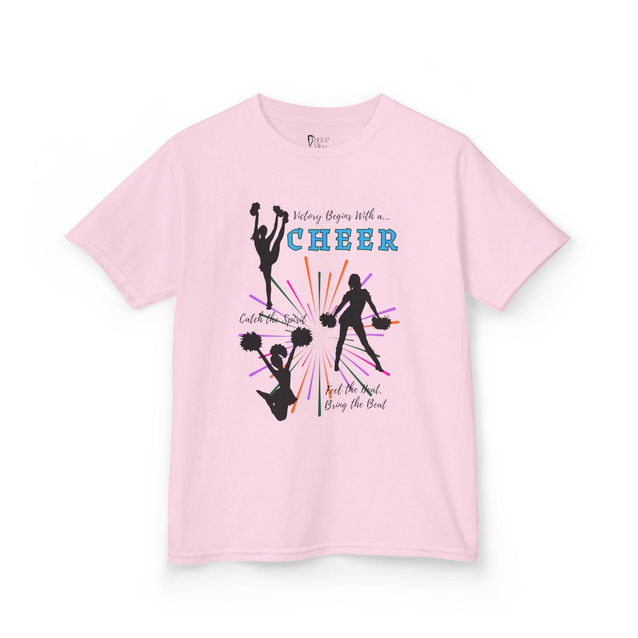 Front view of a youth Gildan 5000B heavy cotton t-shirt in light pink with a Cheer Team design