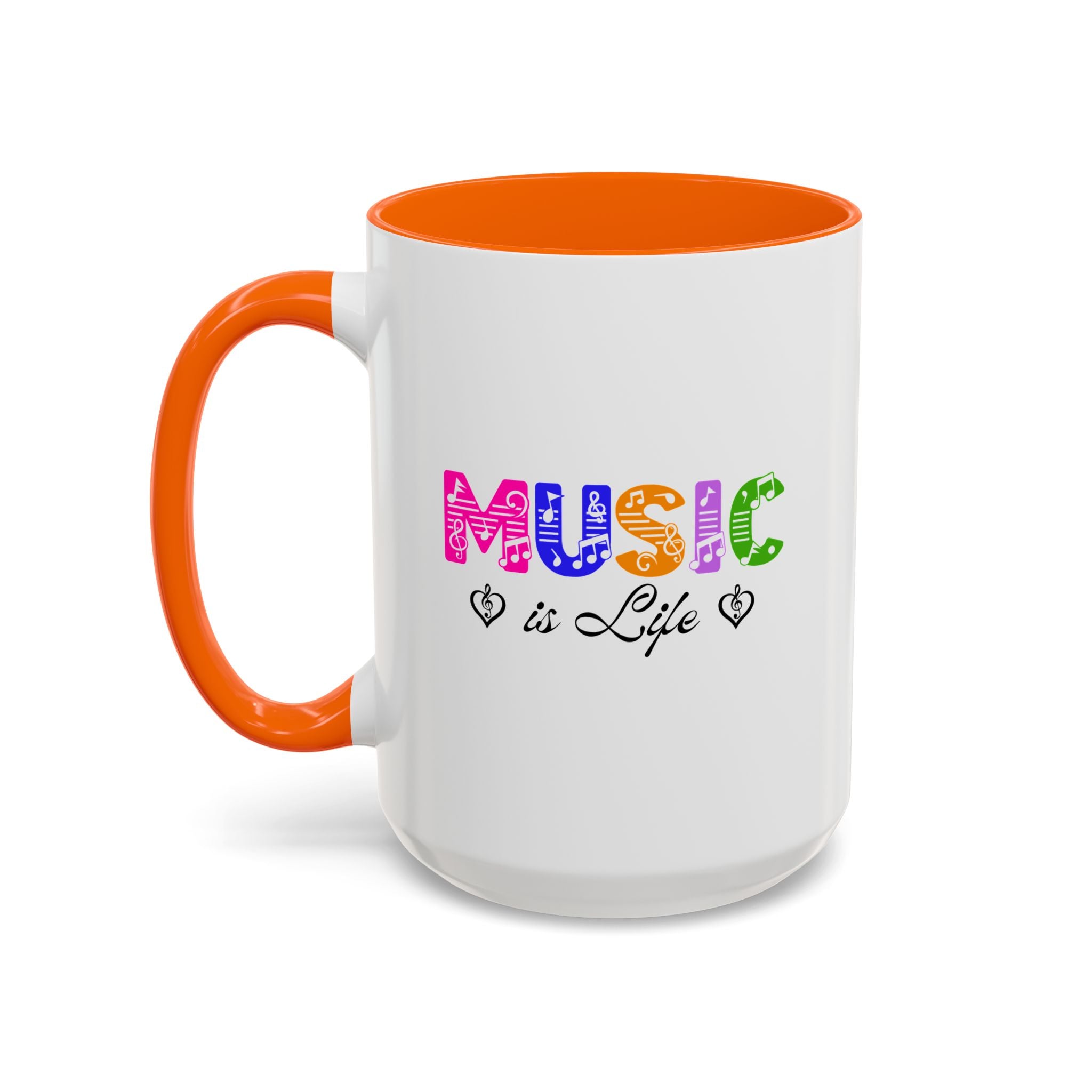 15oz white ceramic Rainbow Music is Life mug with orange handle and interior Left handed view