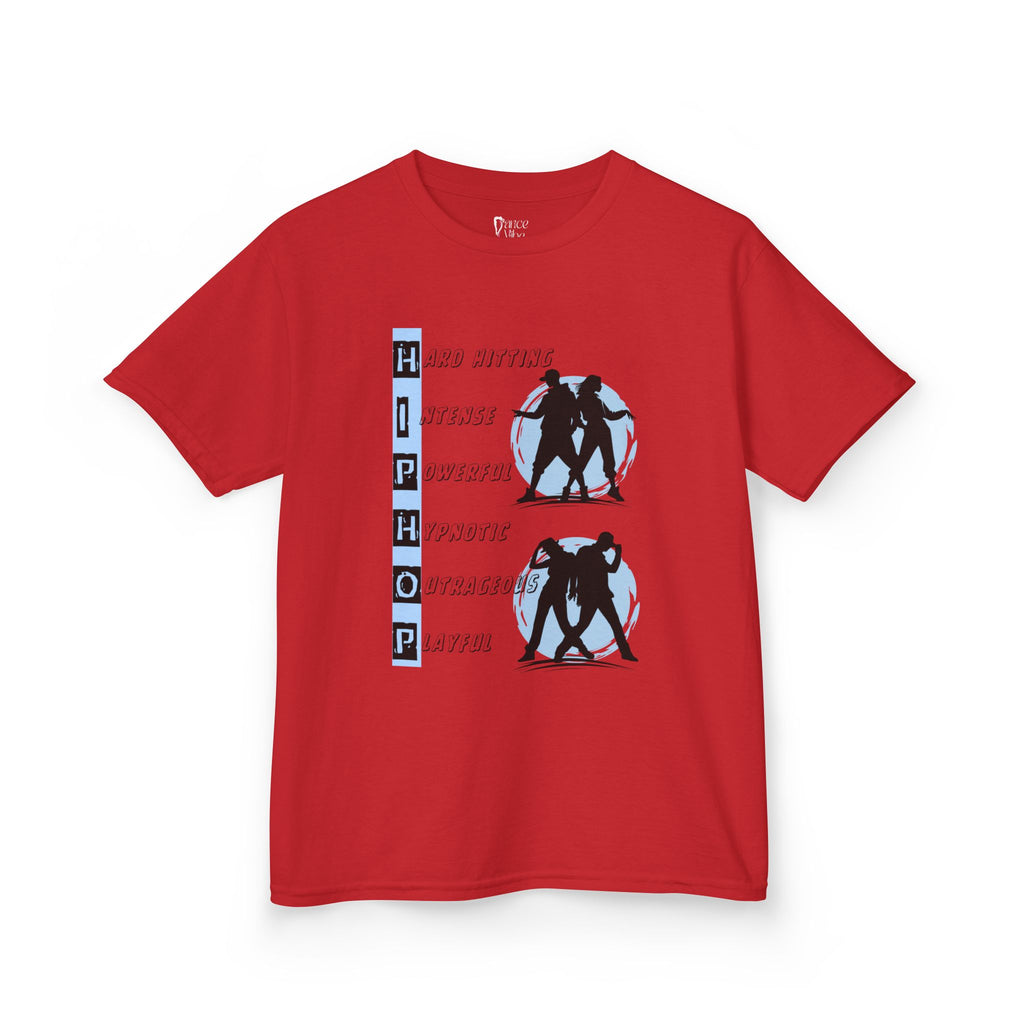 Front view of a youth Gildan 5000B heavy cotton t-shirt in red with dancing Hip Hop Couples