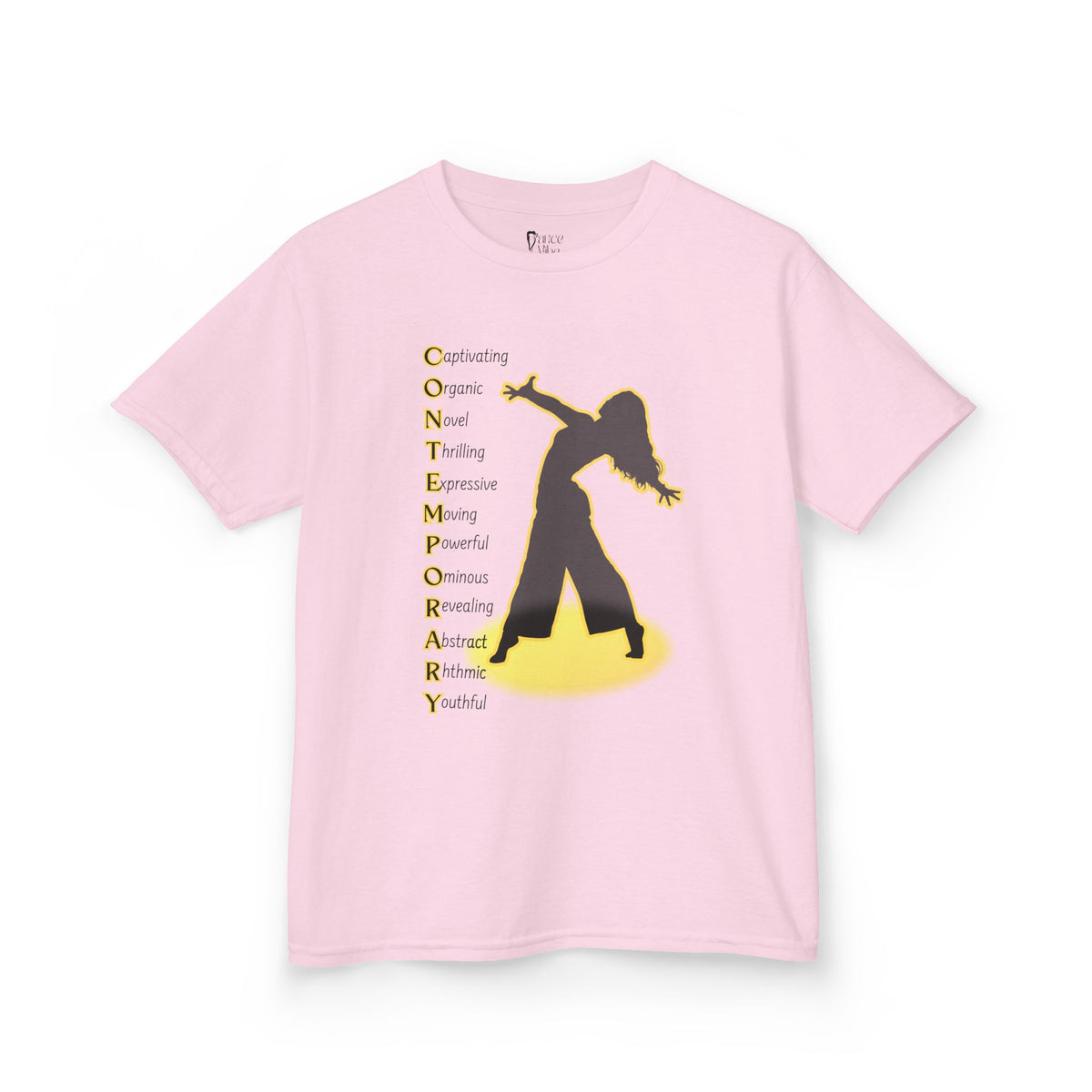 Front view of a youth Gildan 5000B heavy cotton t-shirt in light pink with a Contemporary Dance text and graphic