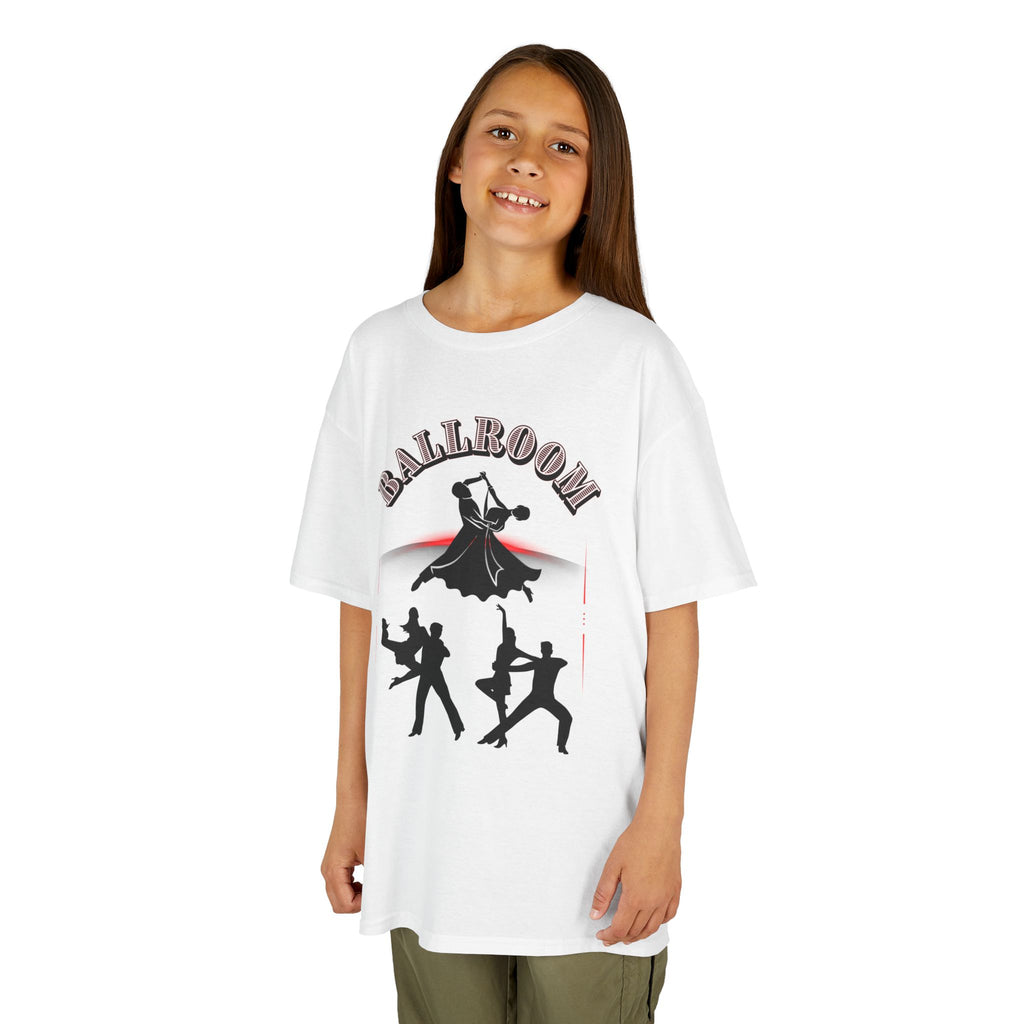Young girl wearing a youth Gildan 5000B heavy cotton t-shirt in white with a Ballroom Dance Couples theme