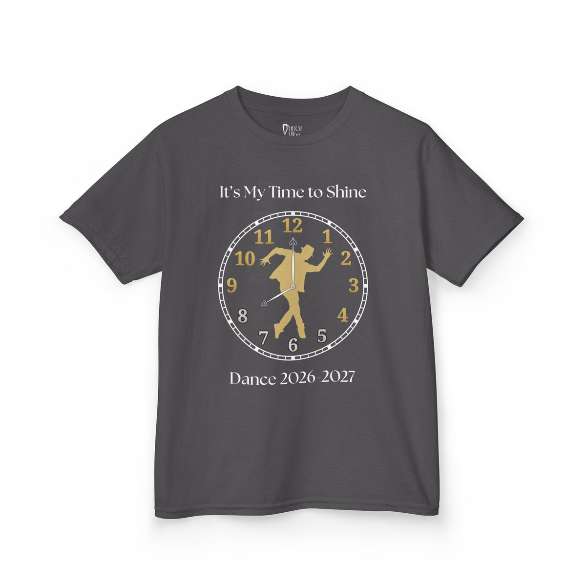 Front view of a youth Gildan 5000B heavy cotton t-shirt in charcoal with a Male Broadway Dancer 2026-2027 design