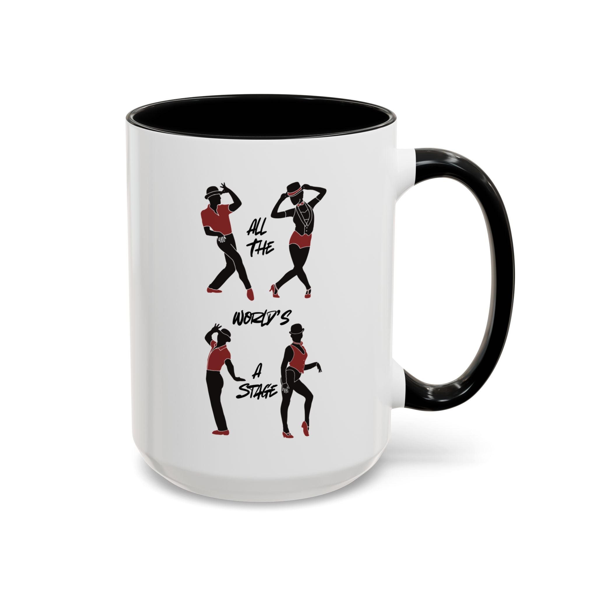 15oz white ceramic All The World's a Stage mug with black handle and interior Right handed view