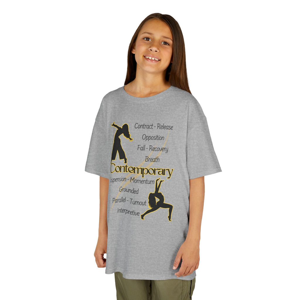 Young girl wearing a youth Gildan 5000B heavy cotton t-shirt in sport grey featuring Contemporary Dancers with text