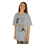 Young girl wearing a youth Gildan 5000B heavy cotton t-shirt in sport grey featuring Contemporary Dancers with text