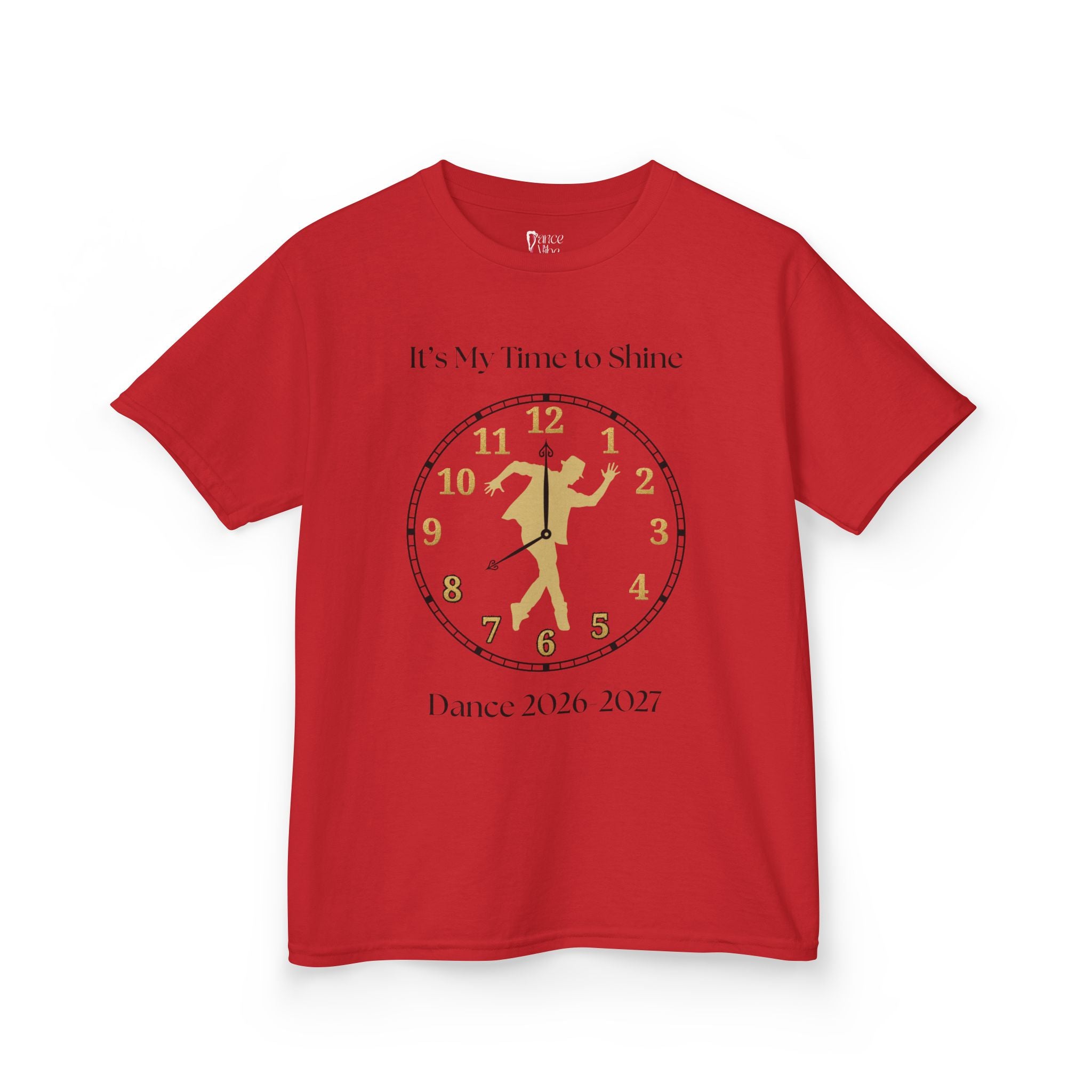Front view of a youth Gildan 5000B heavy cotton t-shirt in red with a Male Broadway Dancer 2026-2027 design