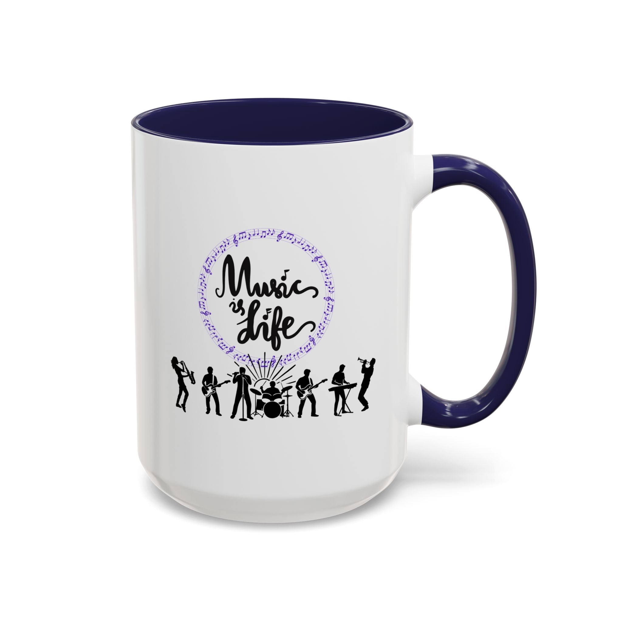 15oz white ceramic Music is Life mug with navy handle and interior Right handed view