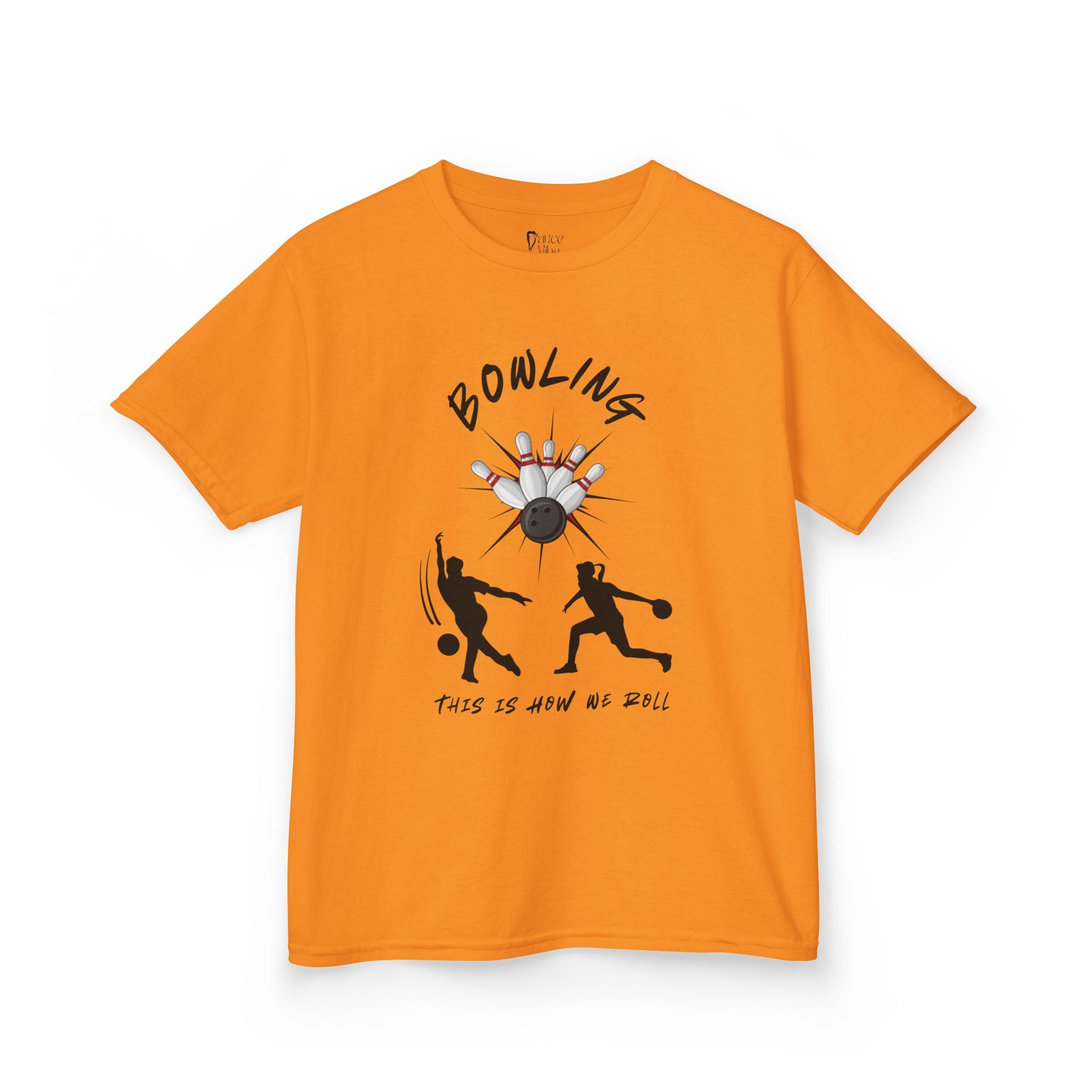 Front view of youth Gildan 5000B heavy cotton t-shirt in tennessee orange with a Bowling text and graphic