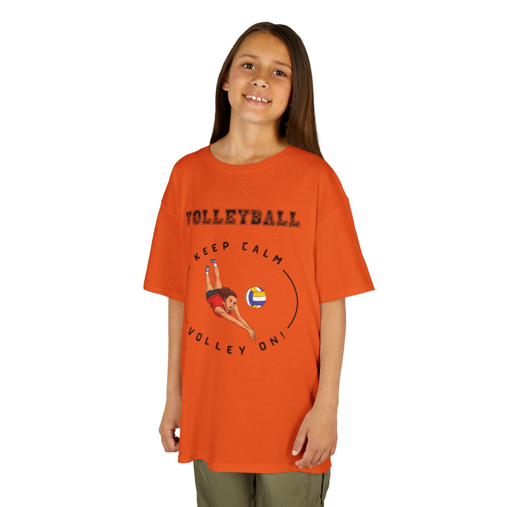 Young girl wearing a youth Gildan 5000B heavy cotton t-shirt in orange featuring a girl playing Volleyball