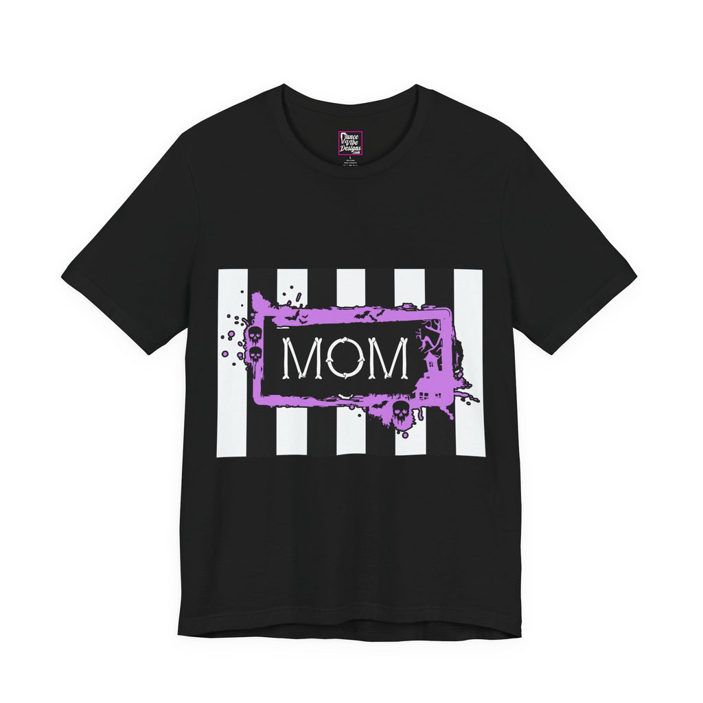 Front view of a Beetlejuice inspired Halloween MOM shirt in black.