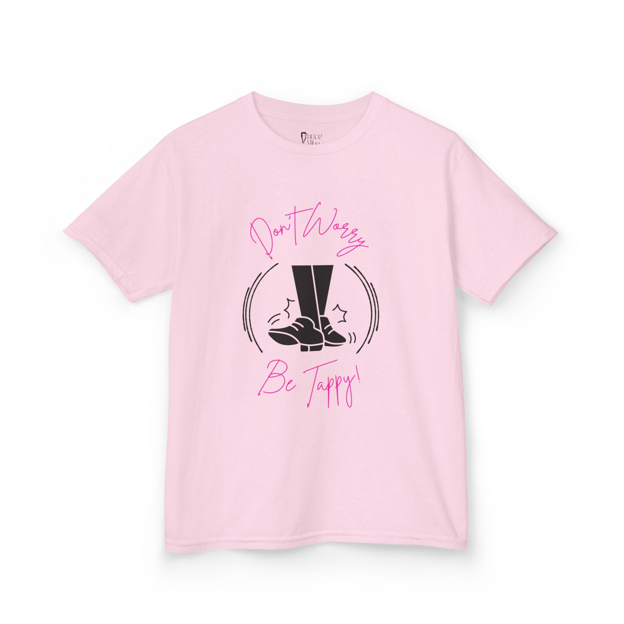 Front view of a youth Gildan 5000B heavy cotton t-shirt in light pink with a Don't Worry Be Tappy Tap Shoe design