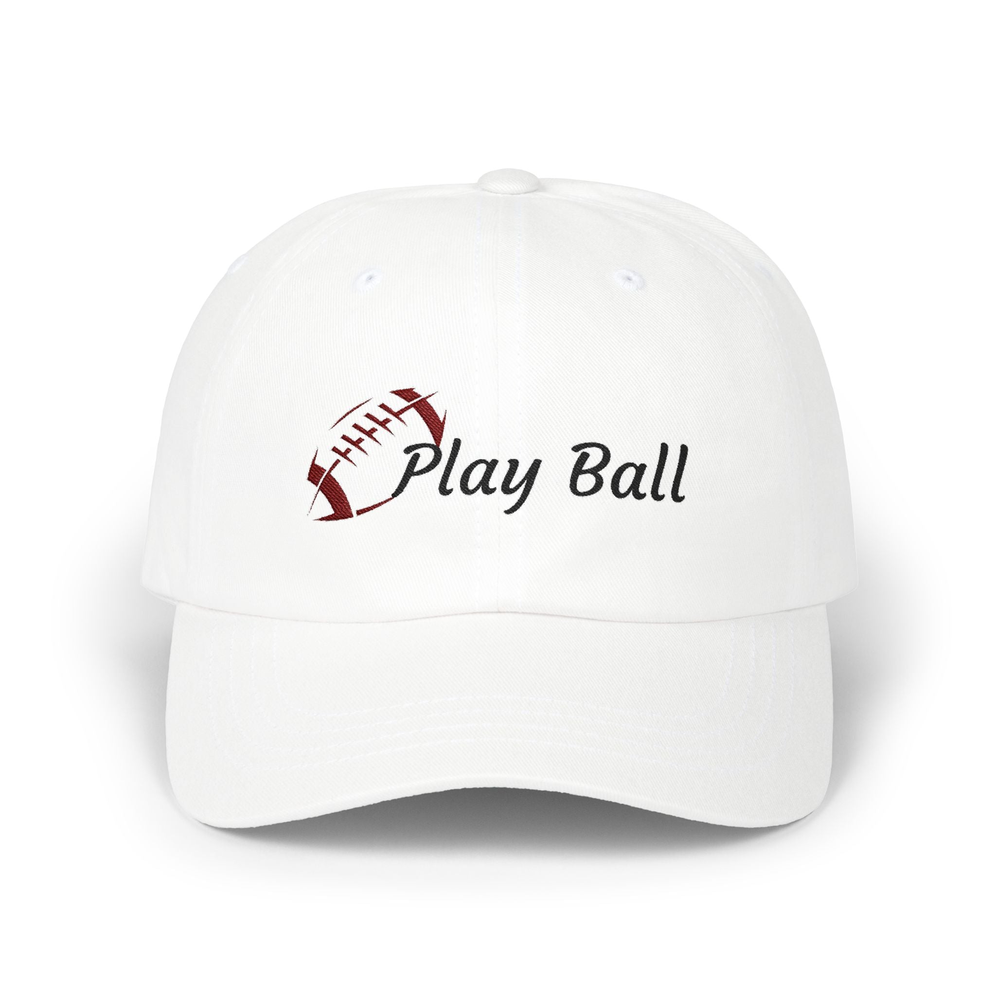 White embroidered classic dad cap hat with Play Ball text and football graphic Front view