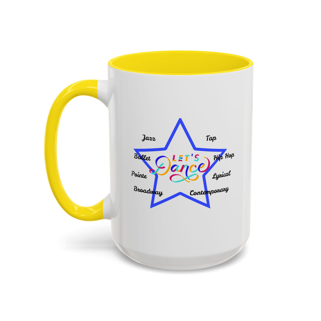 15oz white ceramic Let's Dance mug with yellow handle and interior Left handed view