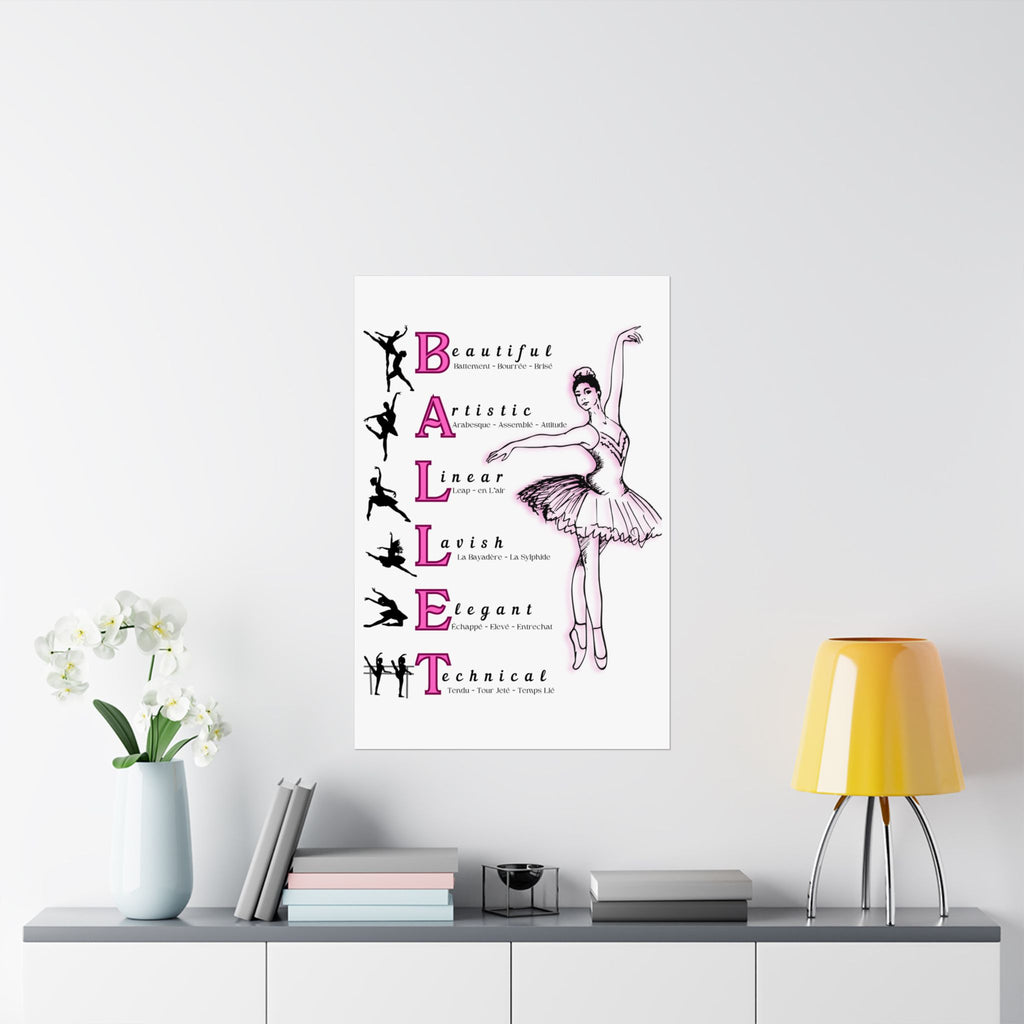 Ballet poster wall art with a ballerina Illustration and ballet-related words with white background on a bedroom wall Size 24x36